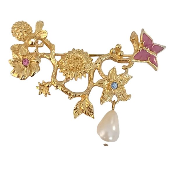 Avon Gold Tone Garden Of Eden Faux Pearl Rhinestone Flower Brooch Signed M1024